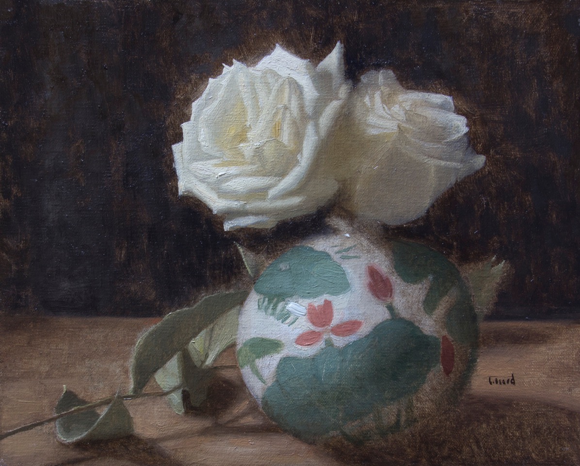 Painted Vase and White Roses by Elizabeth Beard, 2018, oil on canvas, 8 x 10 in, $1,050