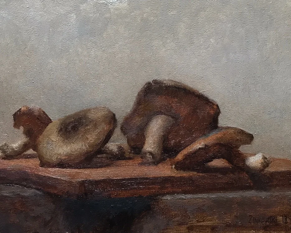 Shiitake Mushrooms by Dale Zinkowski, 2018, oil on panel, 8.25 x 6.25 in, $950