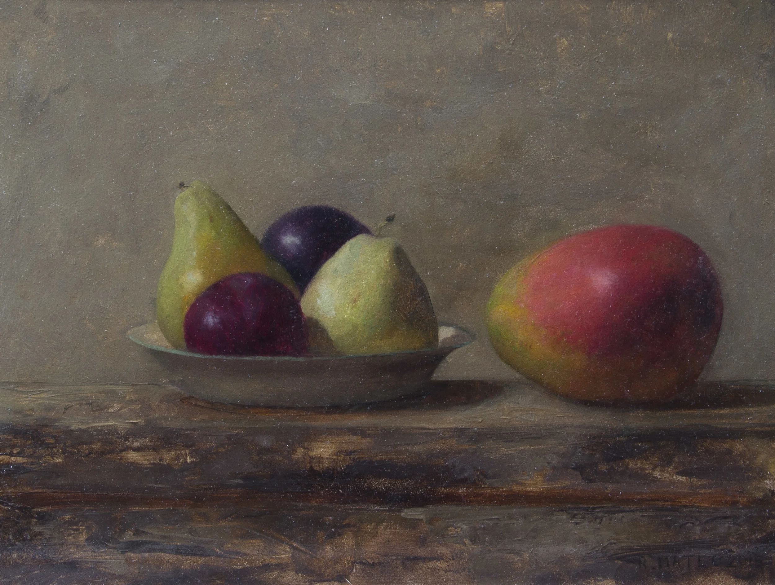 Fruit Plate with Mangoes by Rodrigo Mateo. 2017, oil on panel. 9 x 12 in, $1,400