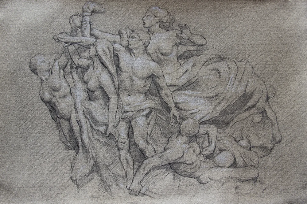Loyalty to the Statute (Ponte Vittorio Emmanuele II) 2018, graphite and white chalk on paper 7.5 x 11 in $600
