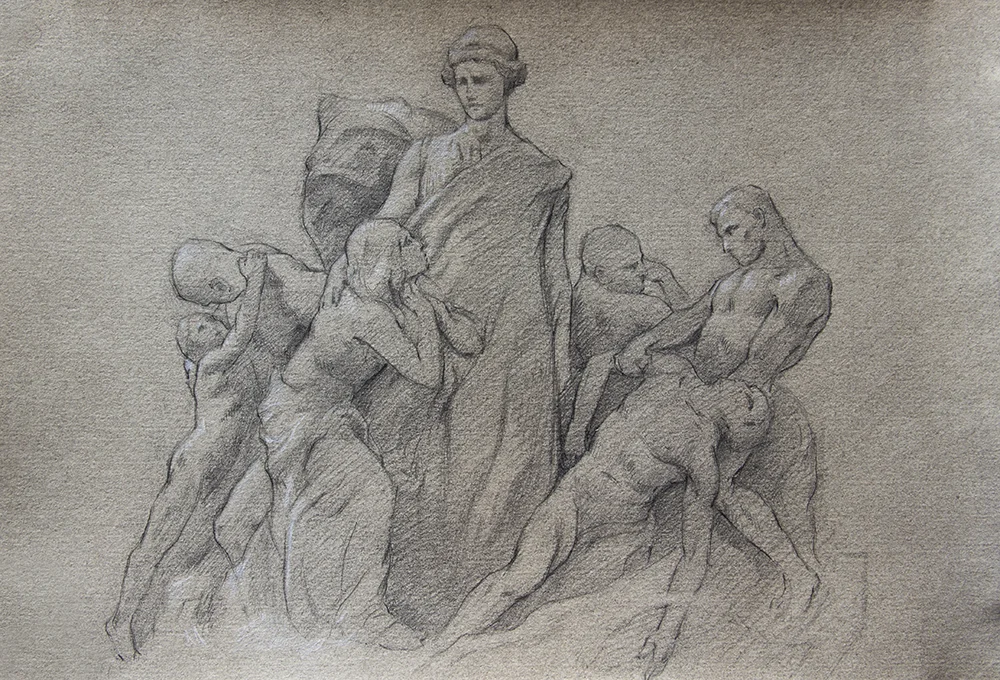 The Father of the Fatherland (Ponte Vittorio Emmanuele II) 2018, graphite and white chalk on paper 7.5 x 11 in $500