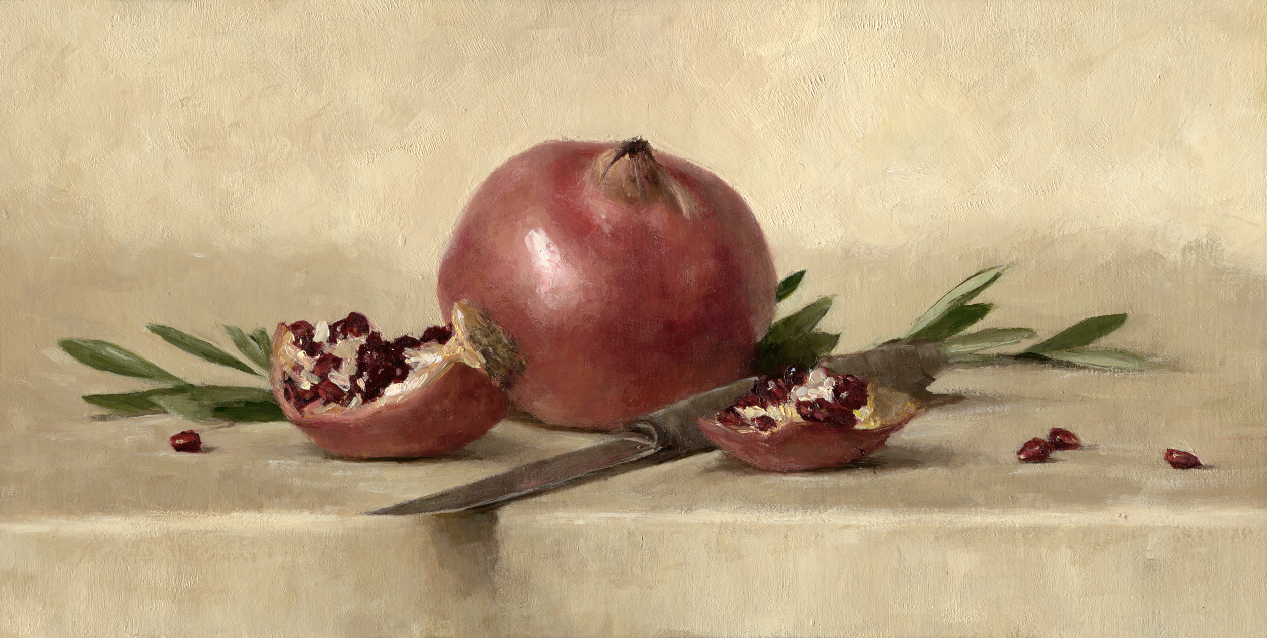 Pomegranates and Olive Leaves by Sarah Lamb, 8x15.5”, oil on linen, 2019