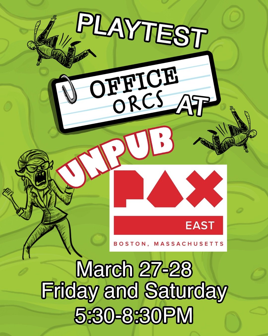 If you haven't had the chance yet, come test out the latest iteration of Office Orcs at @officialpax_ East this year! I will be running two playtesting sessions on Friday and Saturday with @theunpub .

The game is nearing it's final stages of develop