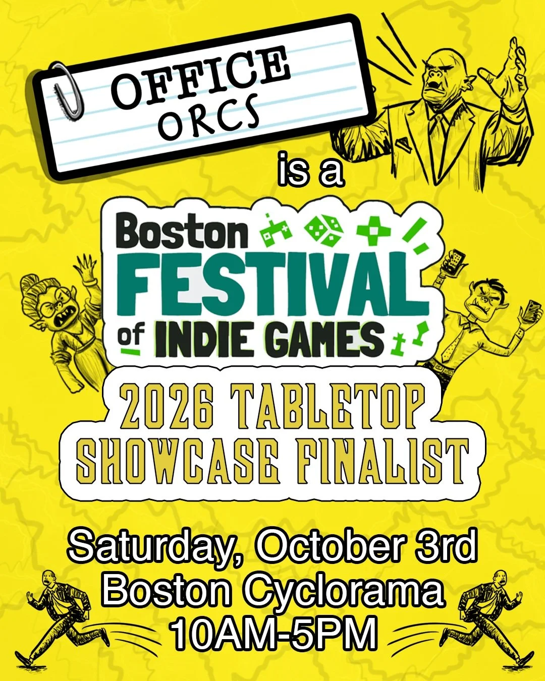 Excited to announce that Office Orcs has been chosen as a finalist for the Boston Festival of Indie Games! @bostonfig is a great one day festival to check out cool new games that are made by smaller teams and creators. Get discounted tickets today be