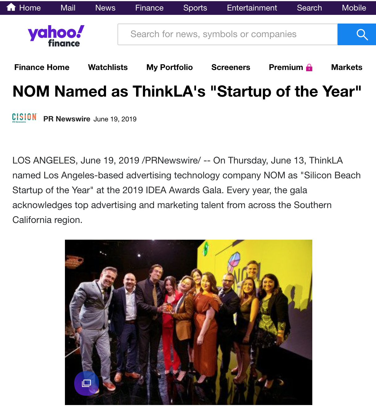 NOM Named as ThinkLA's "Startup of the Year"