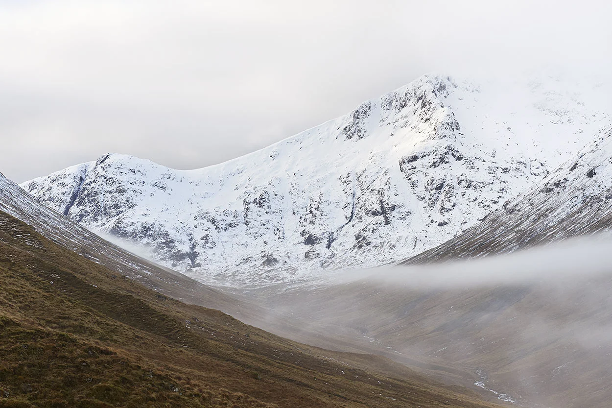 Stob Coire Sgreamhach makes an appearance as a misty blanket slips down the hillsides; a gift from the cold tops to the glen below.