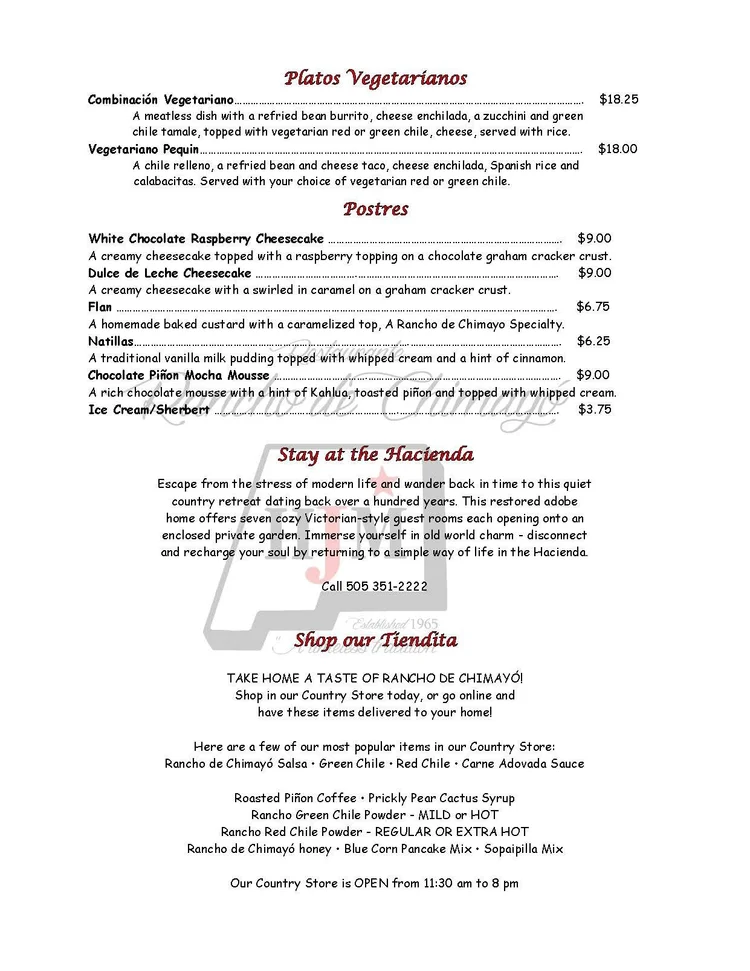 SPRING 2024 MENU — RANCHO DE CHIMAYÓ