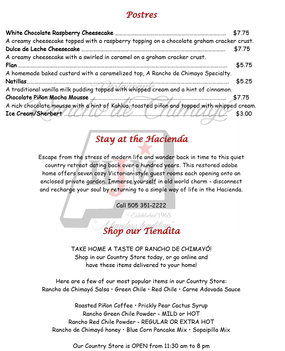 SUMMER 2023 MENU — RANCHO DE CHIMAYÓ