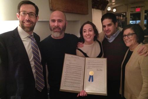 State Senator Daniel Squadron with Josh Russ Tupper and Niki Russ Federman (4th Generation Owners of Russ & Daughters). Herman Vargas (Manager), and Maria Federman (3rd Generatkion Owners of Russ & Daughters along with her husband Mark Russ Federman (not pictured).