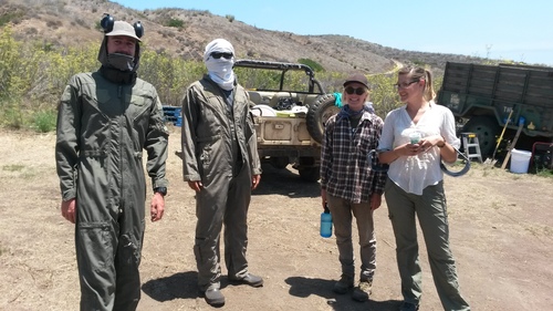 Preston Duncan, Vicotr Zhang, Ida Naughton and Christie Boser, preping for treatment on Santa Cruz Island, 2015. 