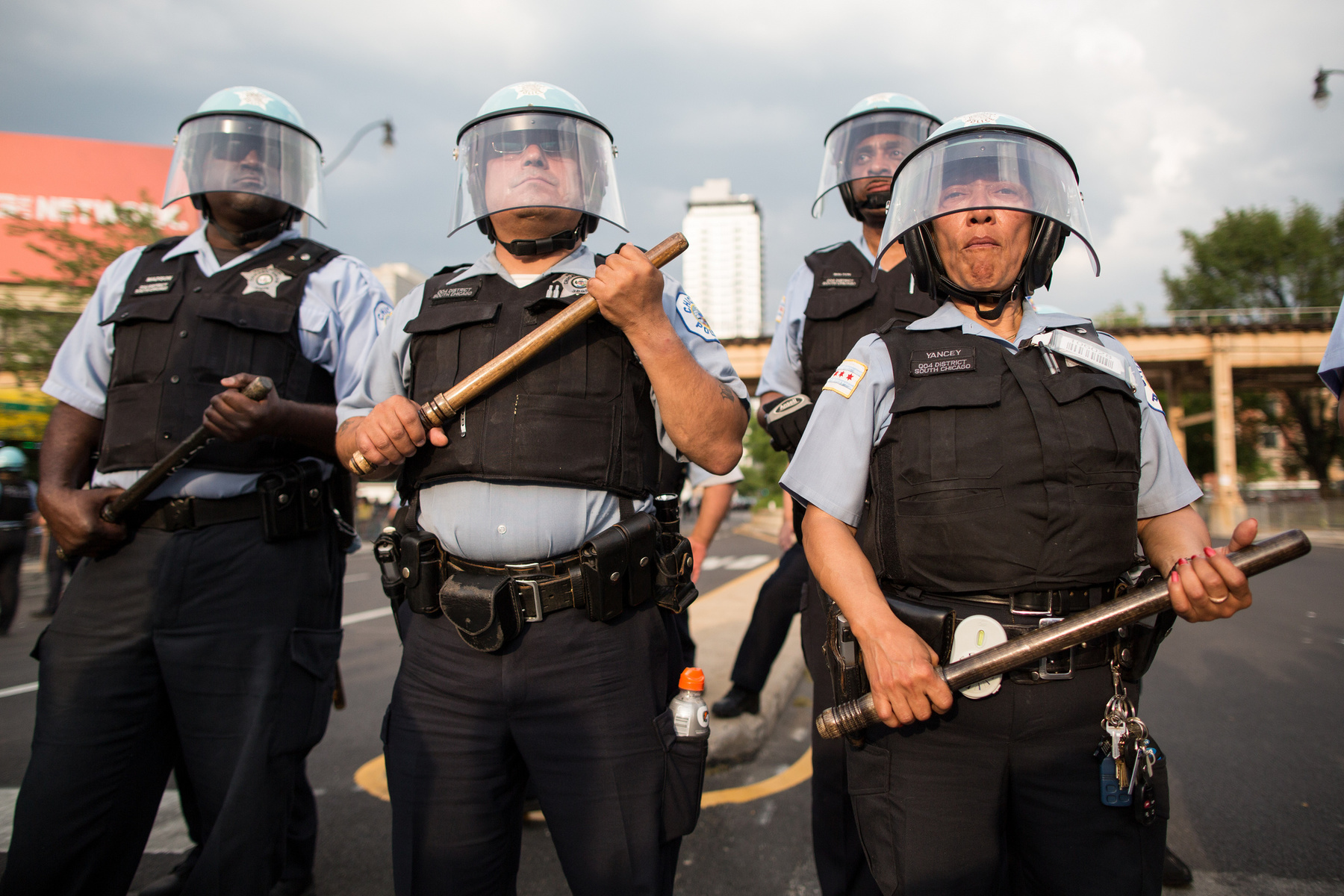 Chicago, Ill. - Riot police prepare for confrontations with protesters during an Anti-NATO march during the 2012 NATO Summit.