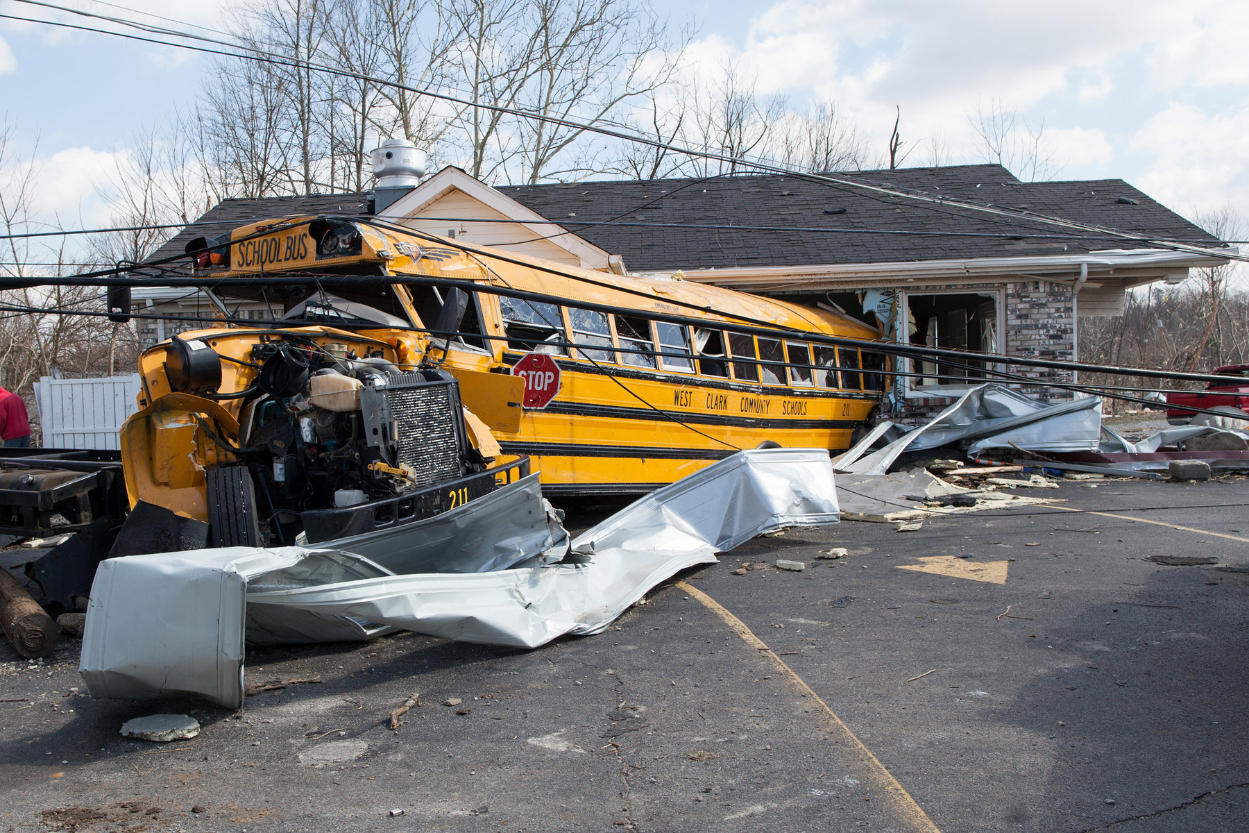Henryville, Ind. - A school bus is shown partially inside a Diner after a EF4 tornado blew it across the street from the school on March 2, 2012. Children were onboard at the time.