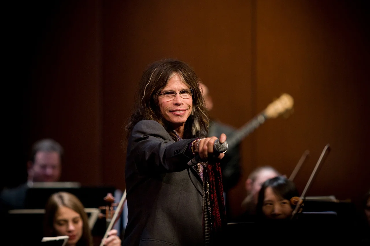 Steven Tyler of Aerosmith performs at Thayer Academy in Braintree, Mass.