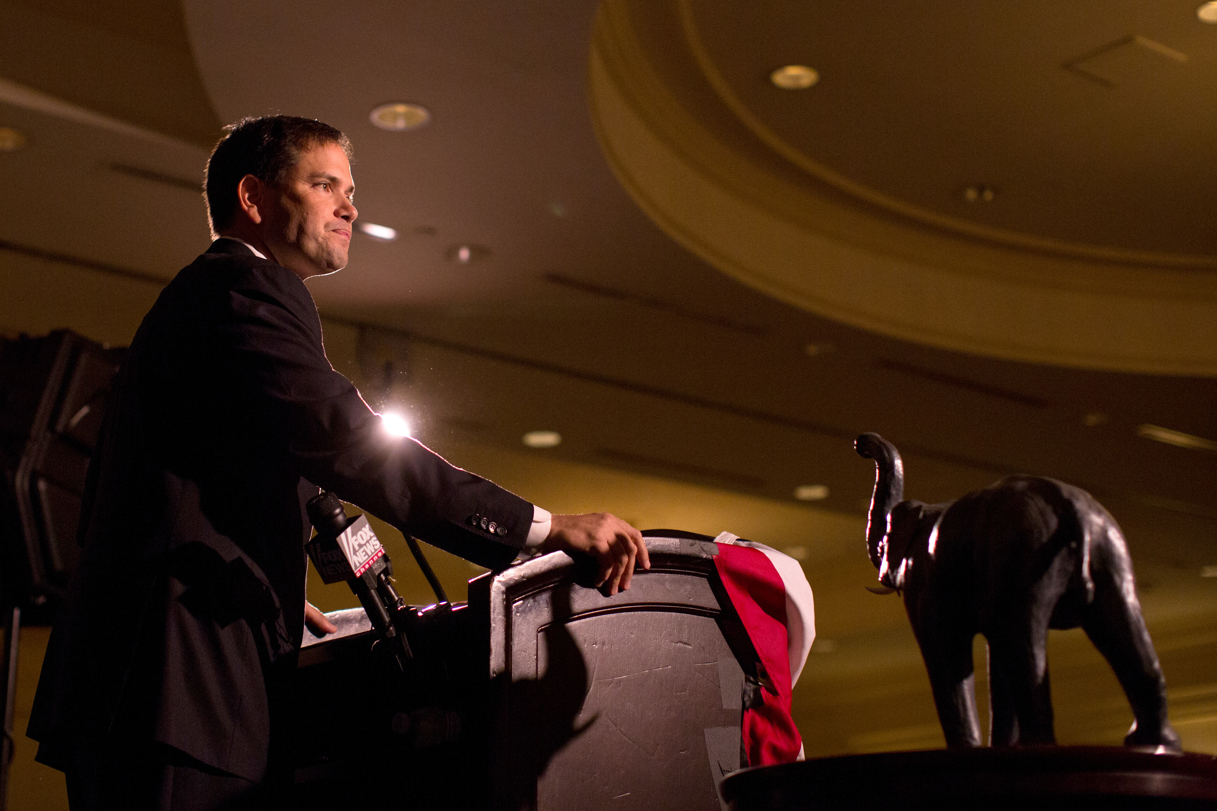   NEW CASTLE, NH - MAY 9: U.S. Sen. Marco Rubio (R-FL) addresses the New Hampshire Rockingham Committee Freed Founder's Dinner on May 9, 2014 in New Castle , New Hampshire. Rubio visited the state as he weighs a 2016 presidential run.  