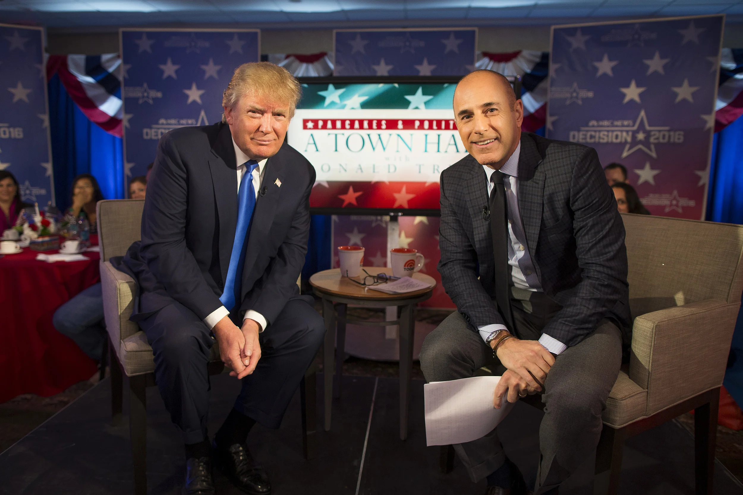  Republican presidential candidate Donald Trump and NBC's Matt Lauer on set on the NBC Today Show "Town Hall" in Atkinson, New Hampshire on Monday, October 26th, 2015. 
