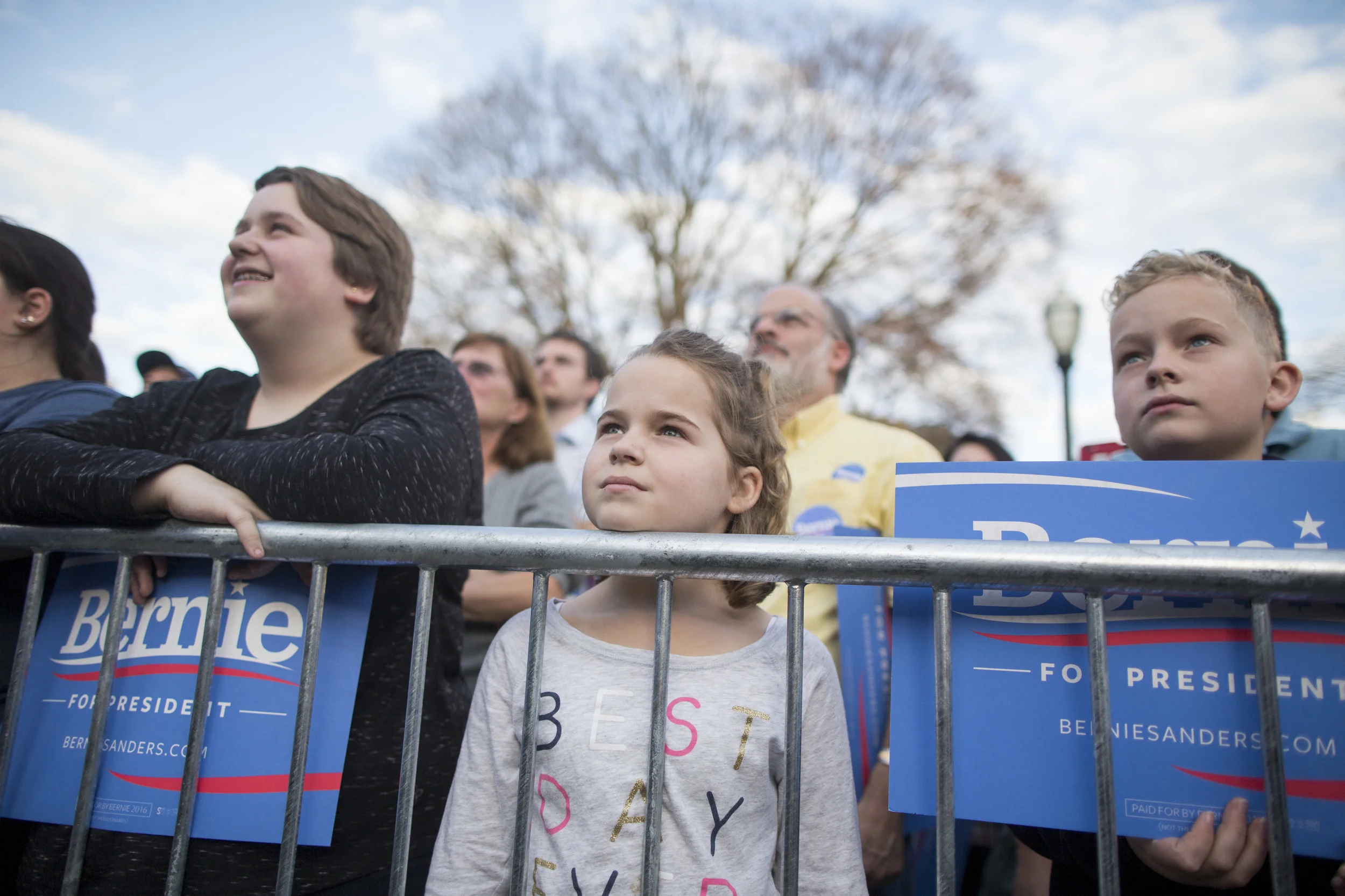 Supporters of Democratic presidential candidate Sen. Bernie Sanders (I-VT) watch him as he speaks at a rally after filing paperwork for the New Hampshire primary at the State House on November 5, 2015 in Concord, New Hampshire. Each candidate must file paperwork to be on the New Hampshire primary ballot, which will be held February 9, 2016.