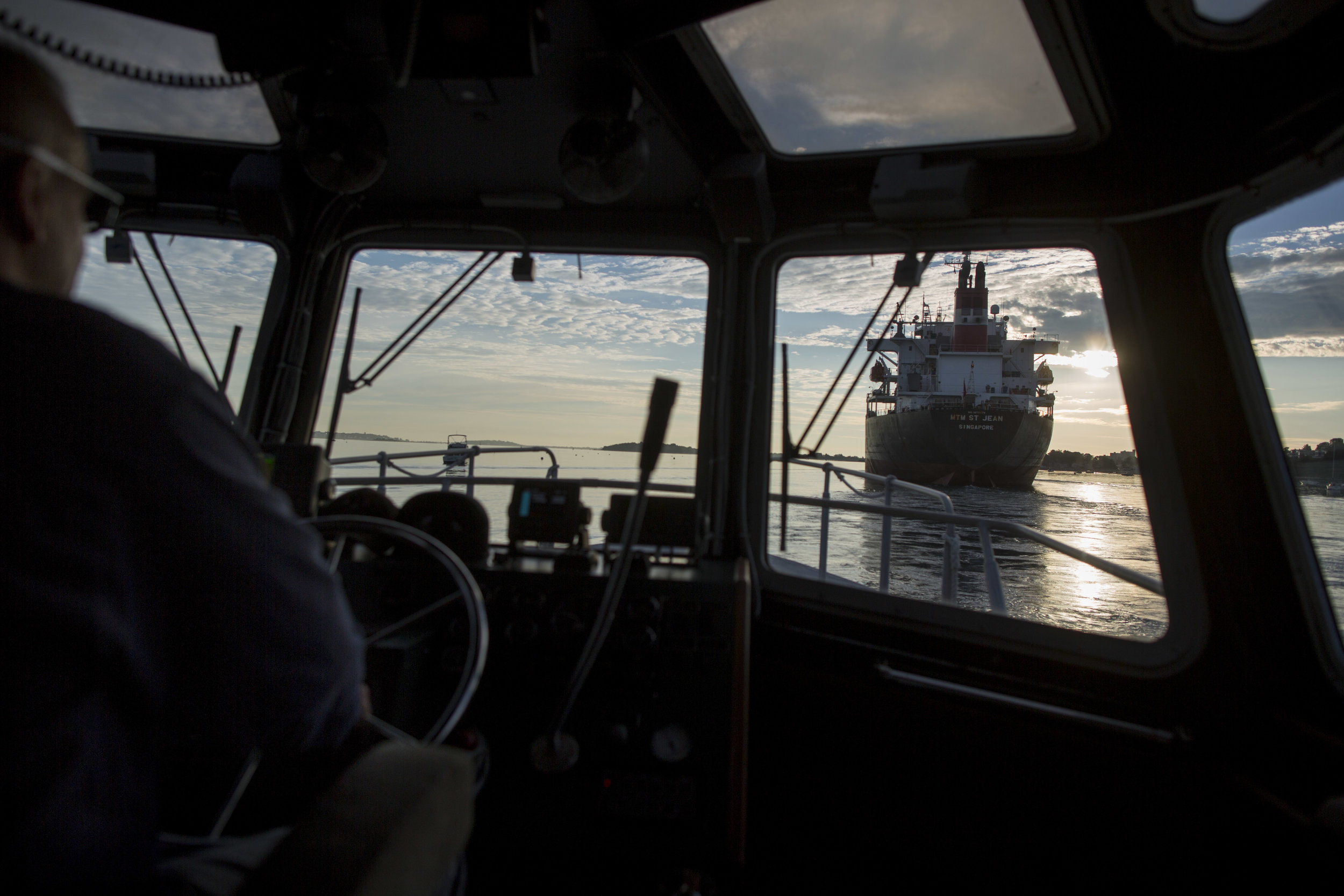  Pilot Boat Captain Joseph Maloney approaches the chemical tanker MTM St. Jean as it leaves Boston Harbor to pick up Harbor Pilot Scott MacNeil on Aug. 16. 