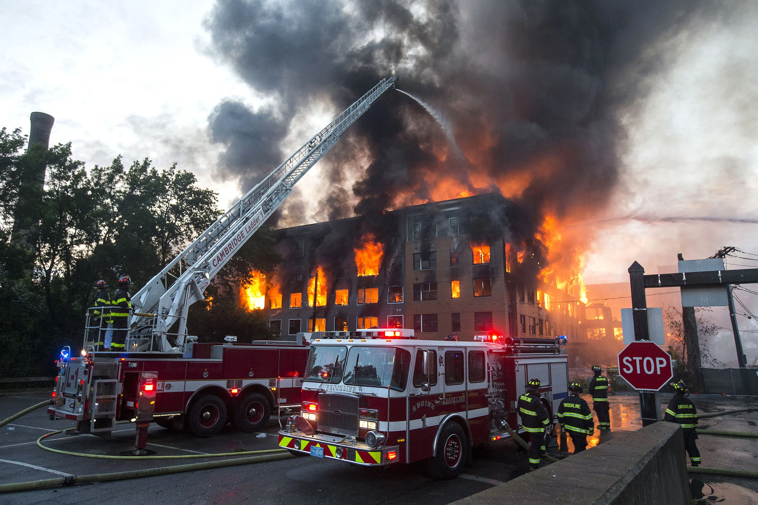  Firetrucks at an 8-alarm fire where multiple buildings were fully involved in Waltham on Sunday, July 23, 2017. (Scott Eisen for The Boston Globe) 