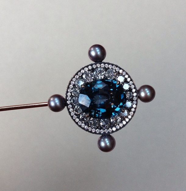  A  Lauren Adriana  stick pin with spinel, diamond and natural pearls. 