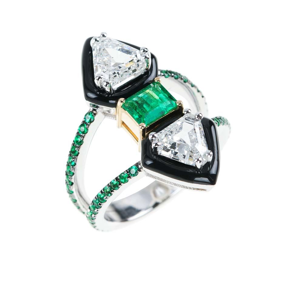 We are obsessing over the new line of Oui engagement rings with emeralds, diamonds and black enamel. 