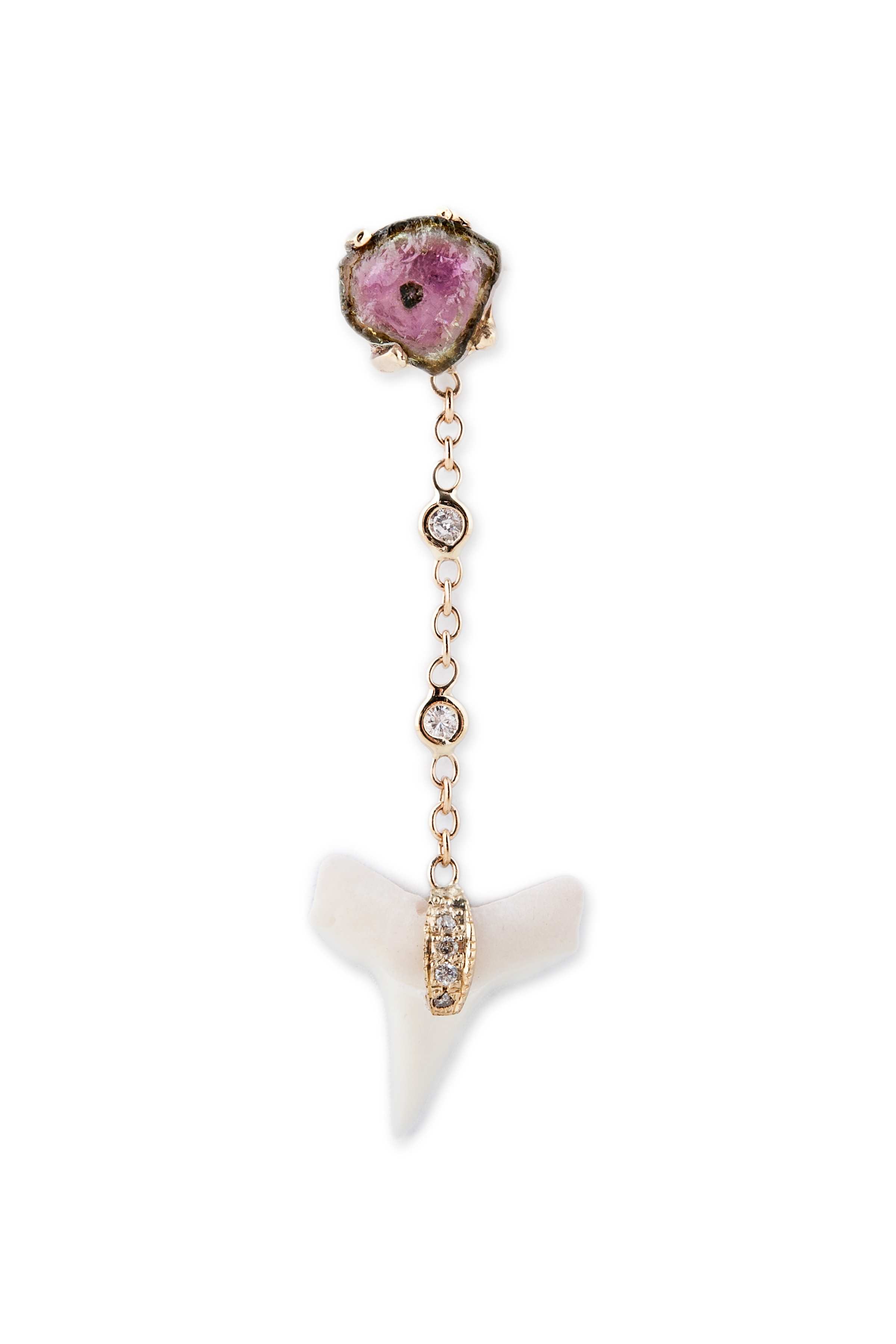 Freeform Watermelon Tourmaline and Shark Tooth chain stud, $1,415, available at Broken English. 
