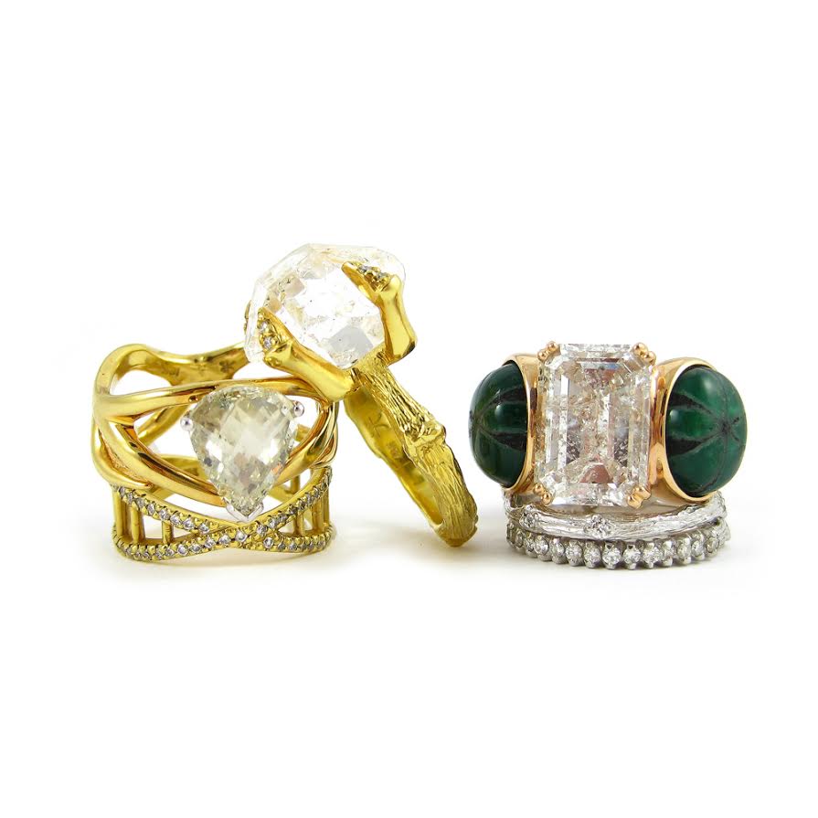 From left, bottom: Small DNA ring in 18k yellow gold with diamonds, $4,680. Objects Organique antler ring in 18k yellow gold with a rose cut diamond, $16,560. Small Twig talon claw ring in 18k yellow gold with diamonds and a small herkimer crystal, $3,600. Small Vertebrae ring in 18k rose gold with 9.85 carats total weight trapiche emerald cabachon and a 6.34 carat radiant-cut diamond center, $91,520. (Ed. note: This is Randi's DREAM ring. Just BTW.)
