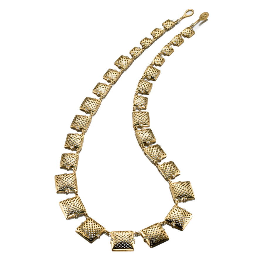  18kt Yellow Gold graduated crownwork square necklace with diamond accents (0.75cts). 