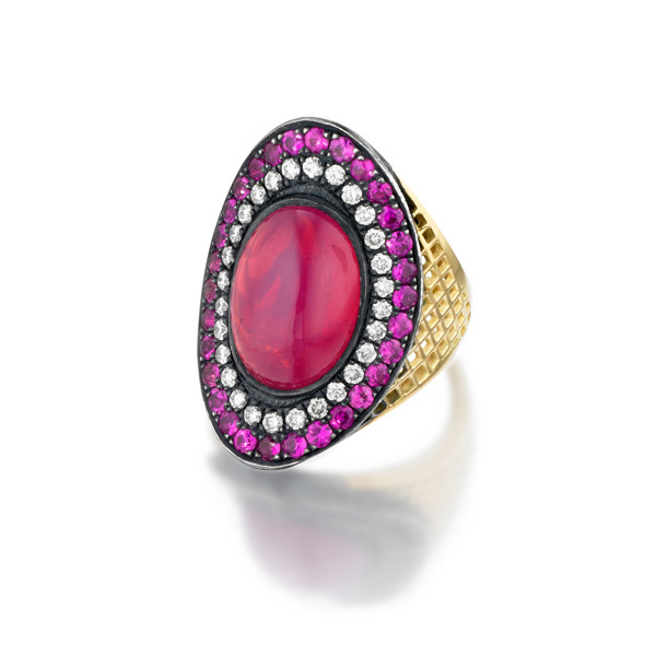 18ct Yellow Gold crownwork Regency ring with bezel set Pink Spinal (10cts) and pave white diamond (.50cts) and pink sapphire (1.85cts) surround set in oxidized silver.