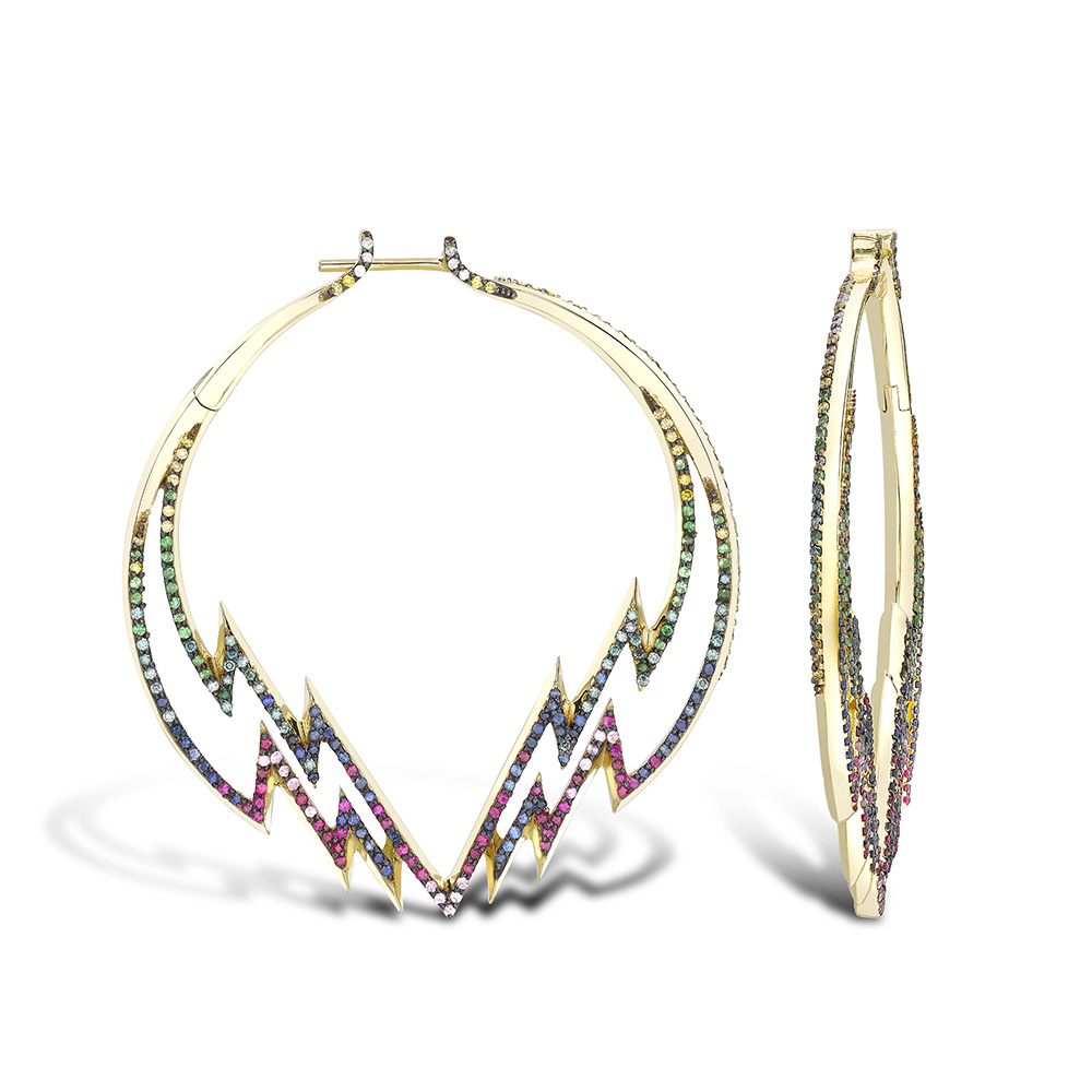  Electric hoops in yellow gold with gemstones.&nbsp; 