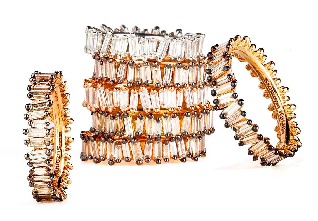 18k gold Baguette bands from Suzanne Kalan’s signature Fireworks collection in white and champagne diamonds. Retails for $6,160, available at Suzanne Kalan . 