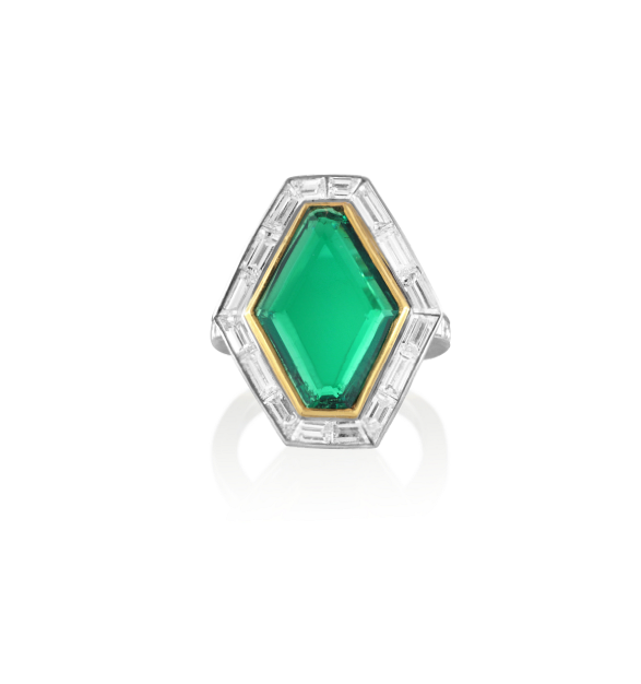  An Art Deco&nbsp;Fred Leighton&nbsp;6ct deep green diamond-shaped emerald in an 18K yellow gold and platinum base with&nbsp;white baguette diamonds, $80,000  available at Stone &amp; Strand . 