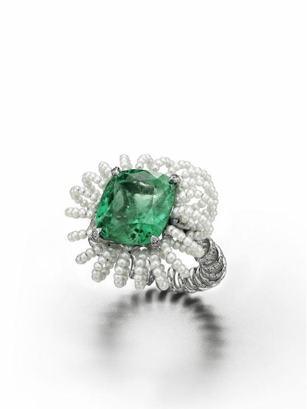  "Picture Perfect" ring in white gold and titanium with a 10.37 carat Colombian emerald, diamonds and pearls. 
