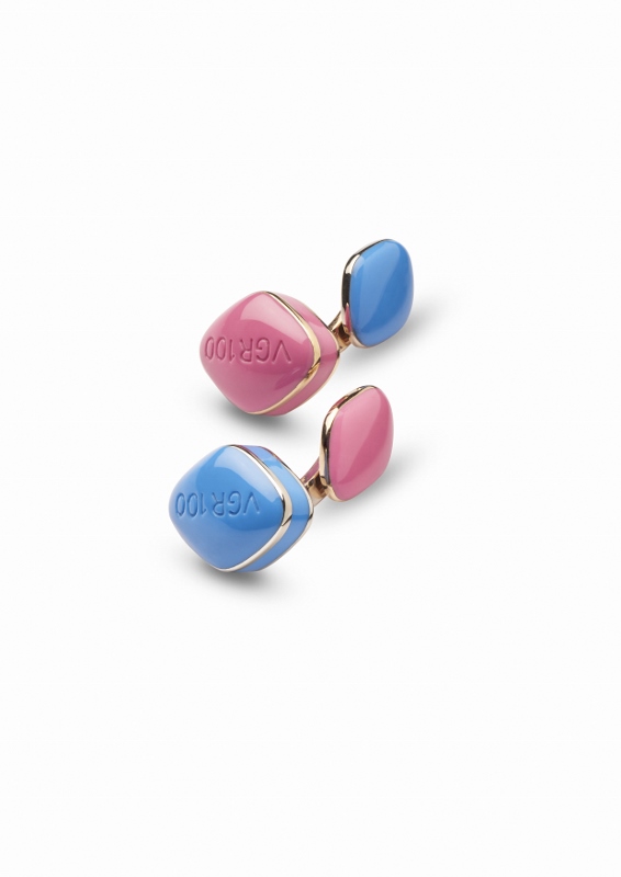 "Be Ready" cufflinks in silver and gold with enamel pills.