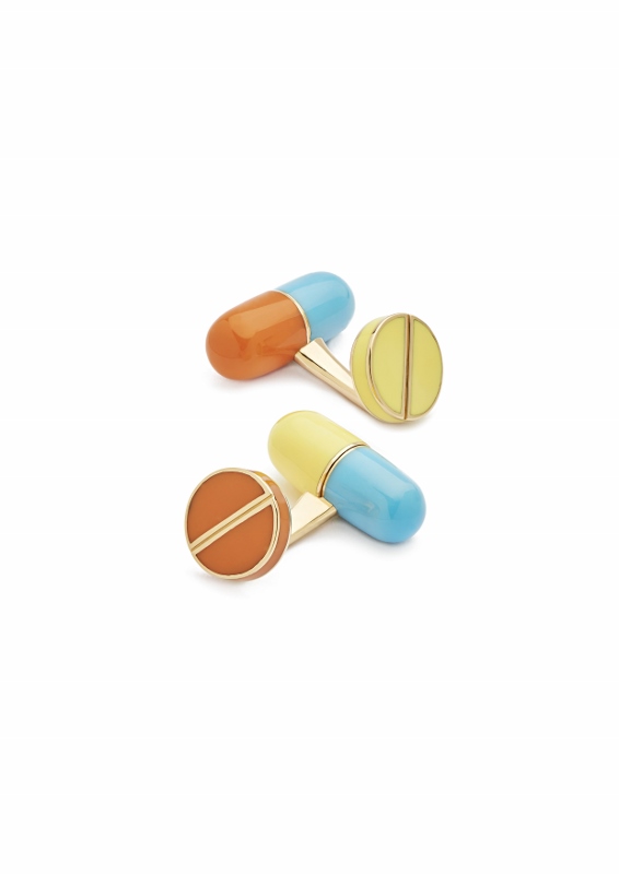  "Adrenaline" cufflinks in yellow gold and silver with four enamel pills. 