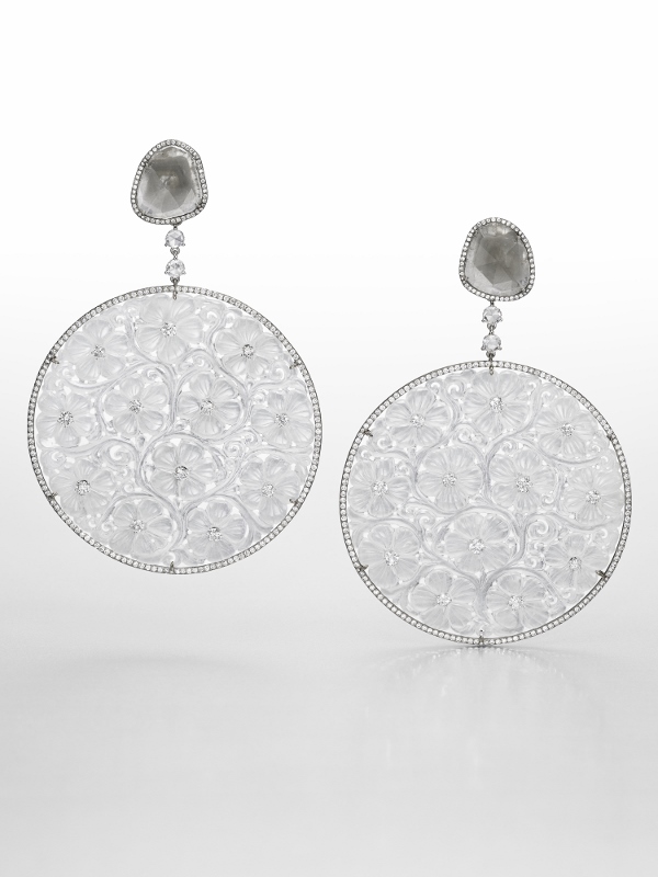  "Whispers of Spring" earrings in titanium and white gold with 114.17 carats of jade and diamonds.&nbsp; 