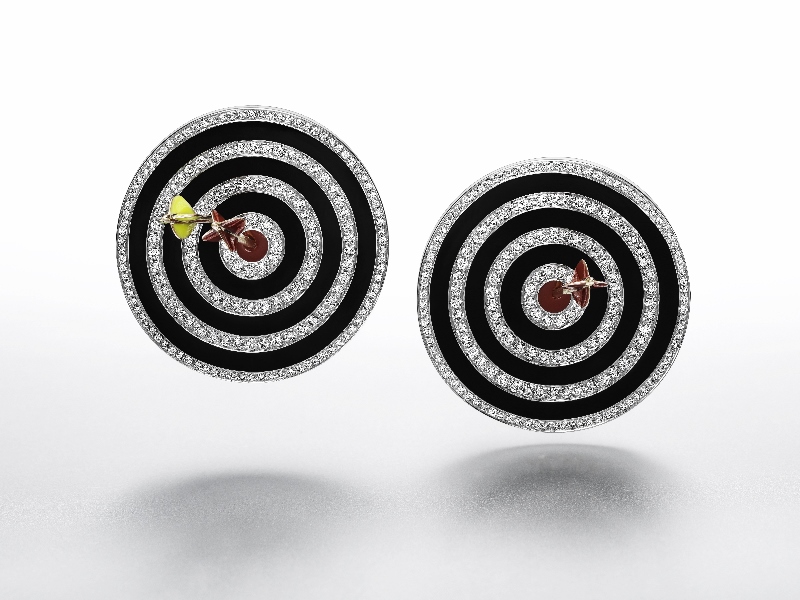  "Hit the Bullseye" earrings in enamel, white gold, pink gold and silver with diamonds.&nbsp; 