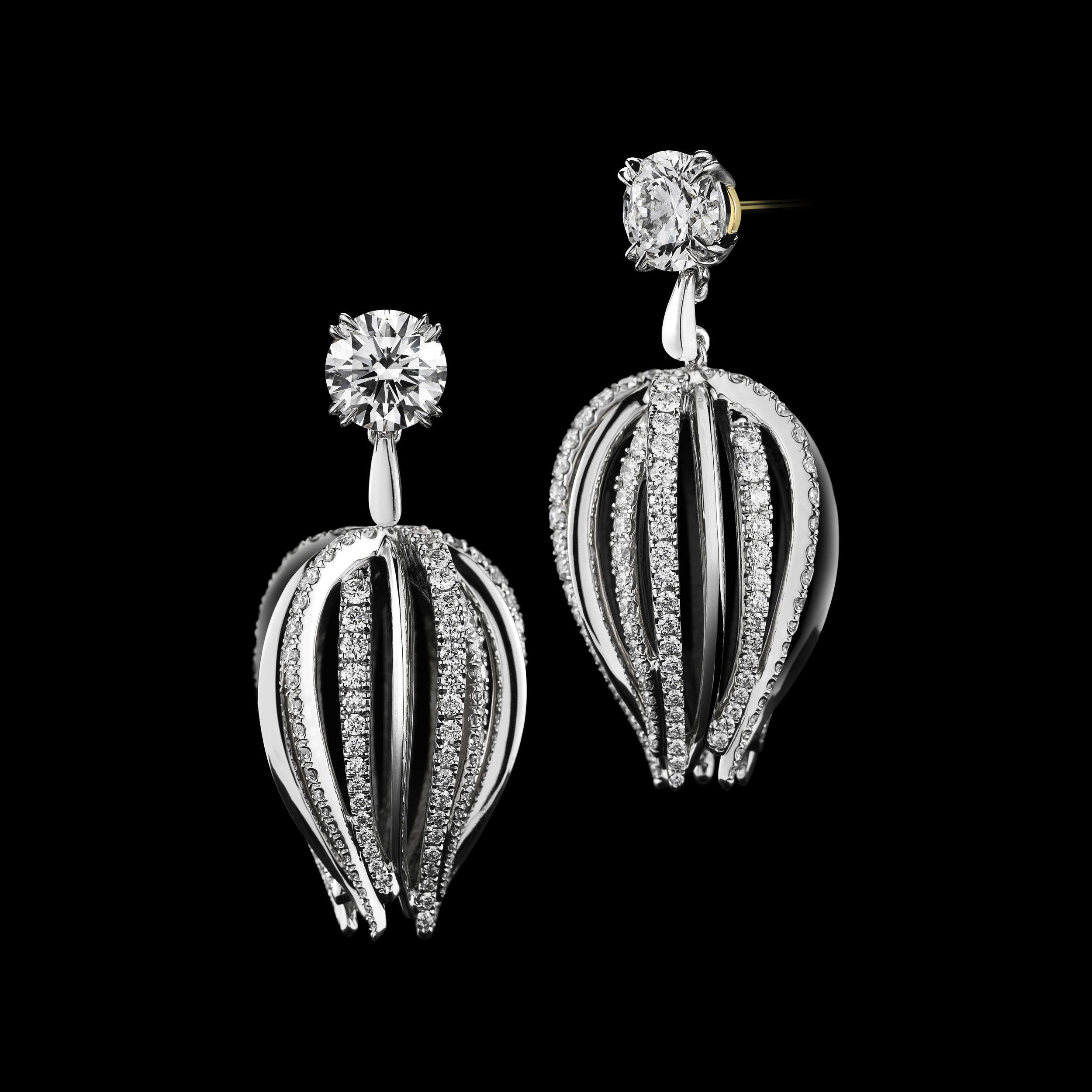 Alexandra Mor_Curved Dangling Diamond Earrings_Black BG_Front and Side View (PREVIEW - The New Classics Collection).jpg