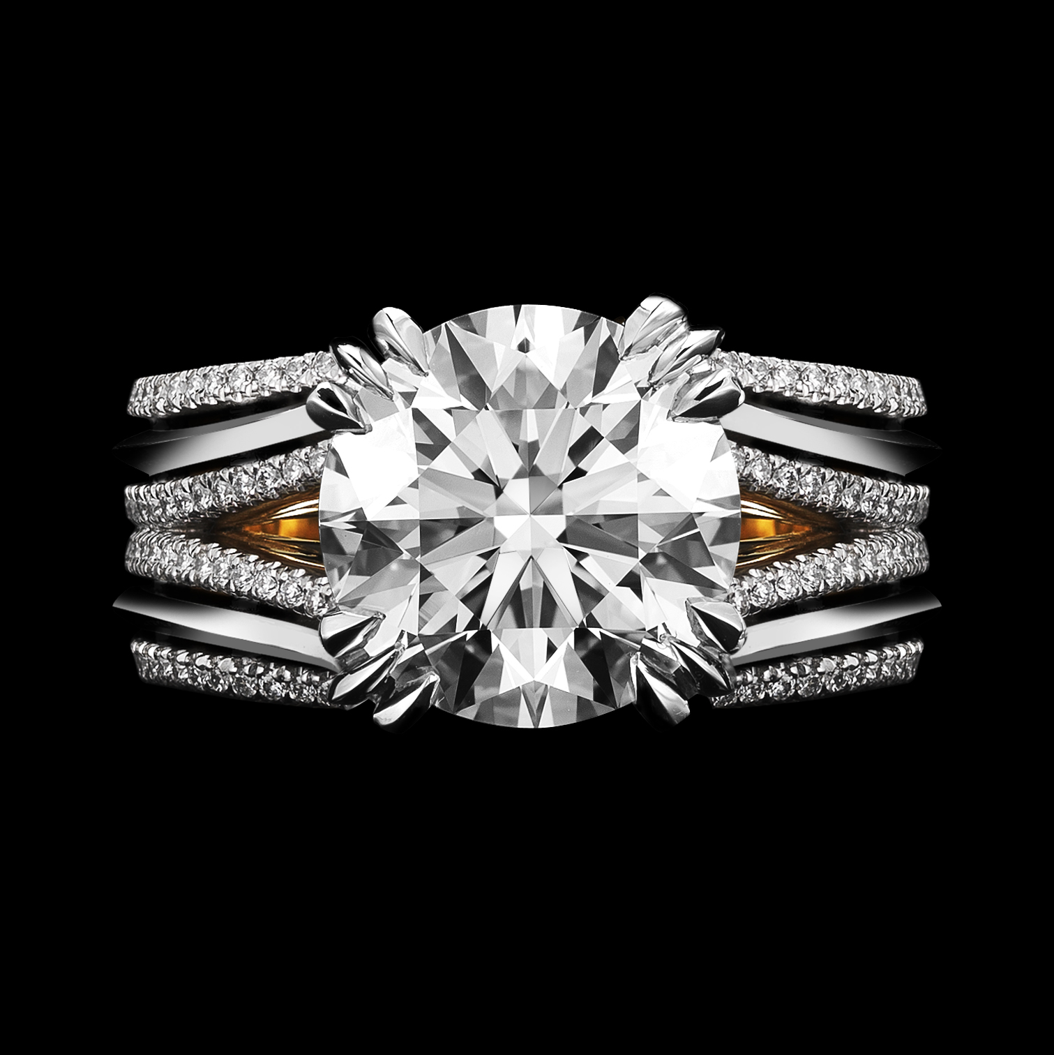 Double shank floating brilliant-cut diamond ring. 