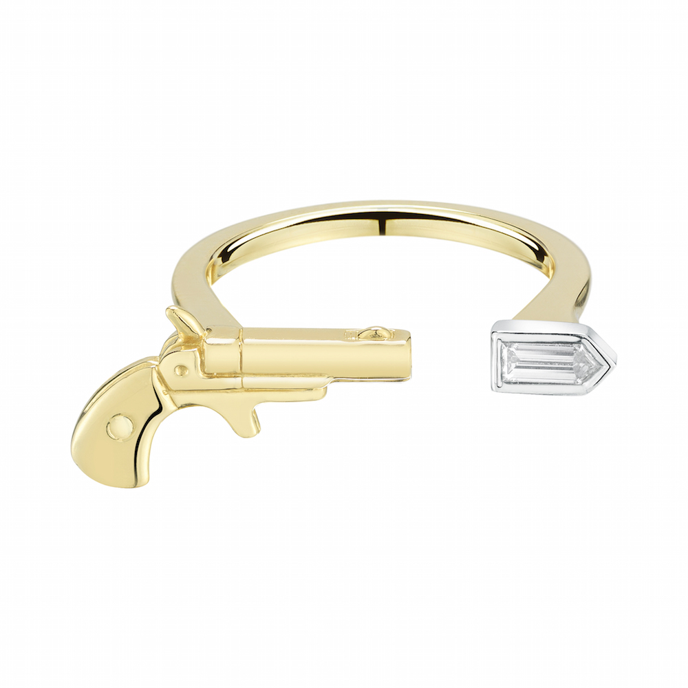  18k Yellow Gold Pistol and&nbsp;White Diamond “Bullet” Open Ring,&nbsp;$3,500,  available at Finn Jewelry .&nbsp; 