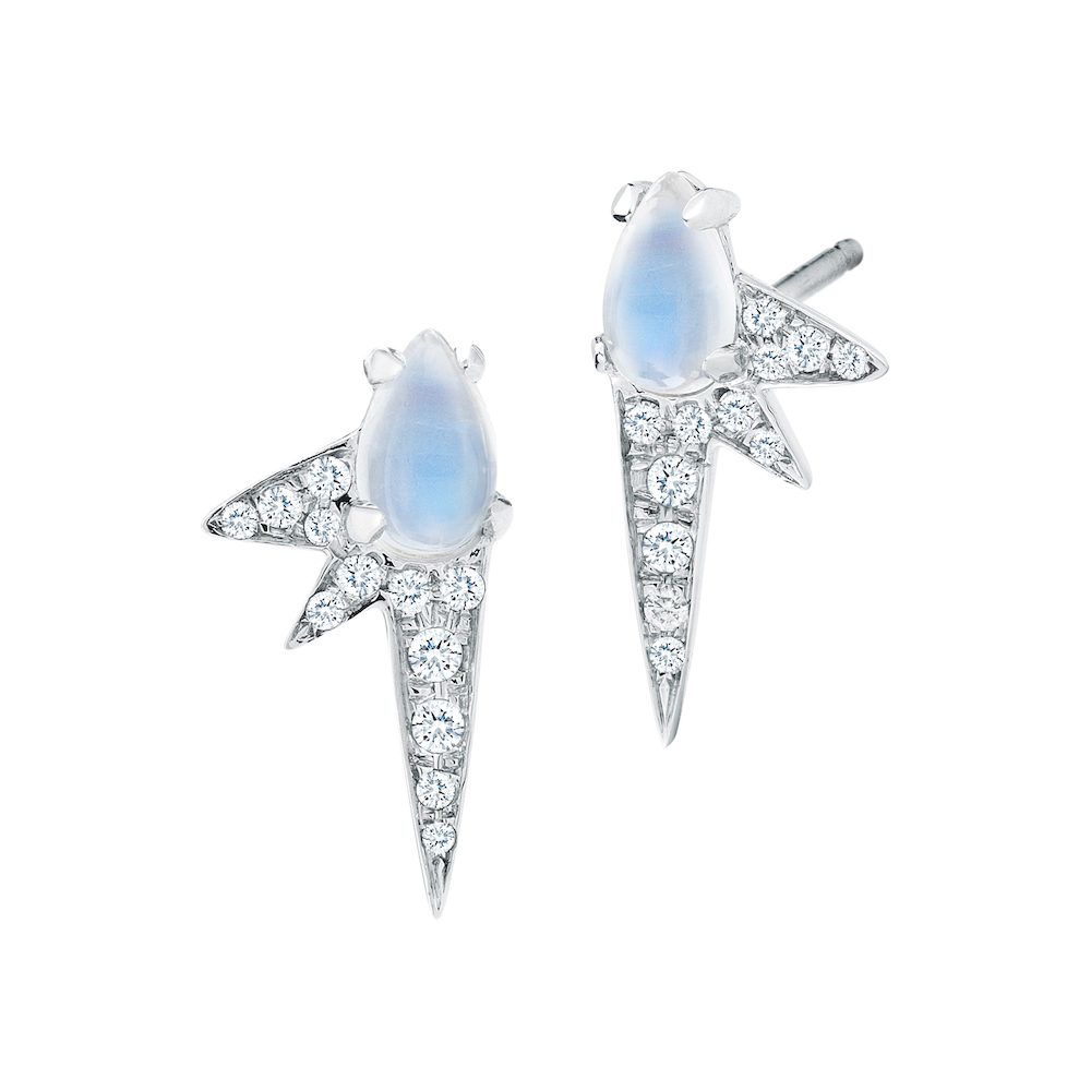  18k White Gold, Pave Diamond &amp; Moonstone Spike Studs,&nbsp;$1,750,  available at Finn Jewelry .&nbsp; 