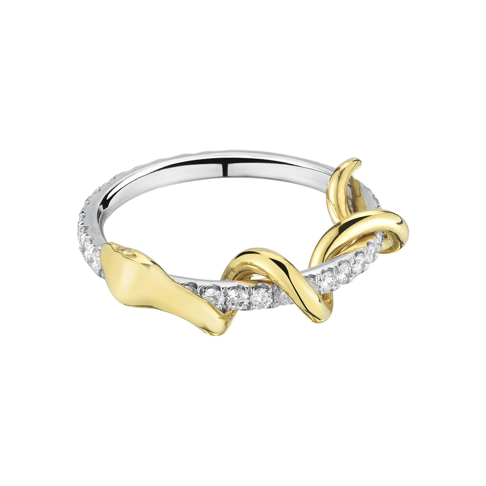 18k Yellow Gold & 18k White Gold Pave White Diamond Snake Ring, $3,700, available at Finn Jewelry . 