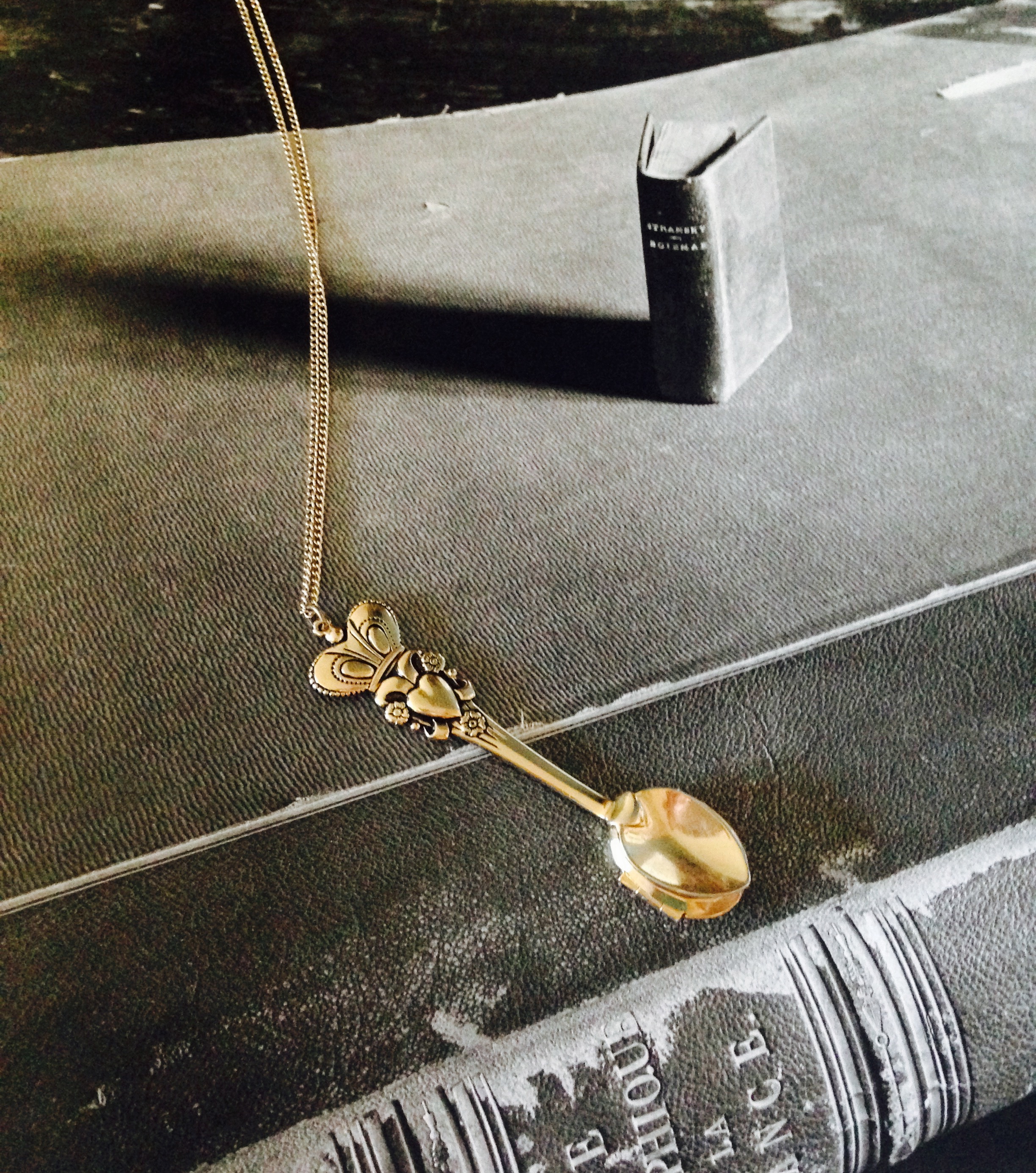 An antique miniature spoon pendant with a hidden locket that Talya purchased in Woodstock, NY.