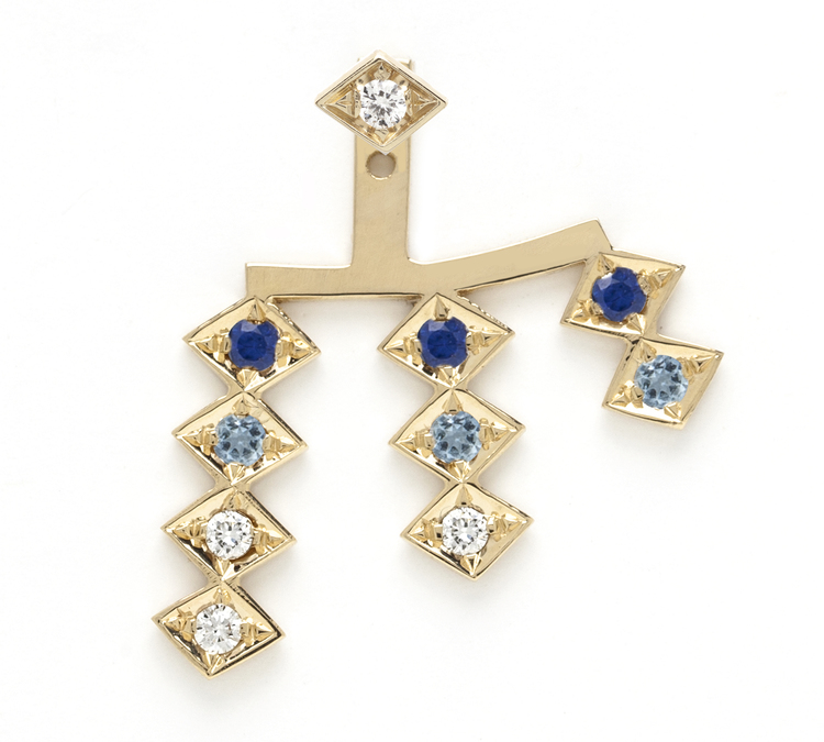  Triple Burst ear jacket in 18K yellow gold with sapphire, aquamarine and diamonds, $1,370. 