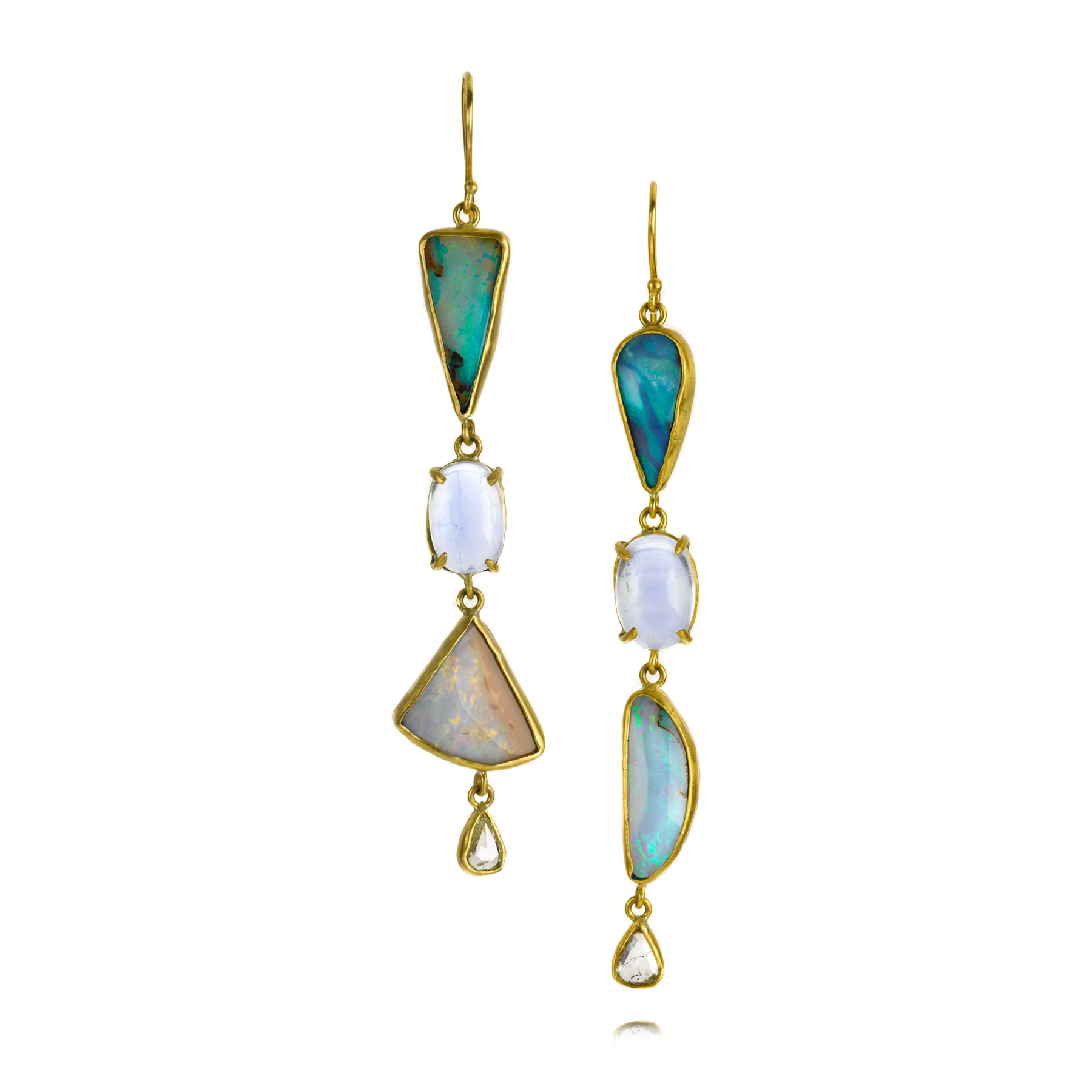  Margery's favorite pair she's made this year: in 22K gold featuring Boulder opal, moonstone and rose cut diamonds. 