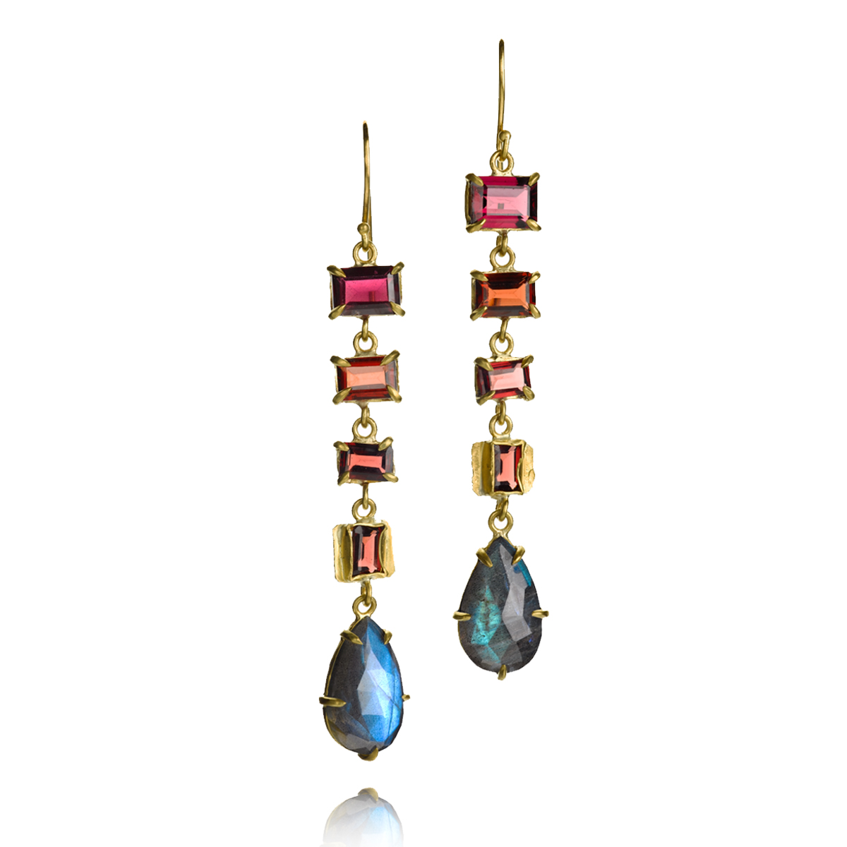  Color for days. We love these 22k earrings with rhodolite garnet and labradorite,&nbsp;$4,620. 