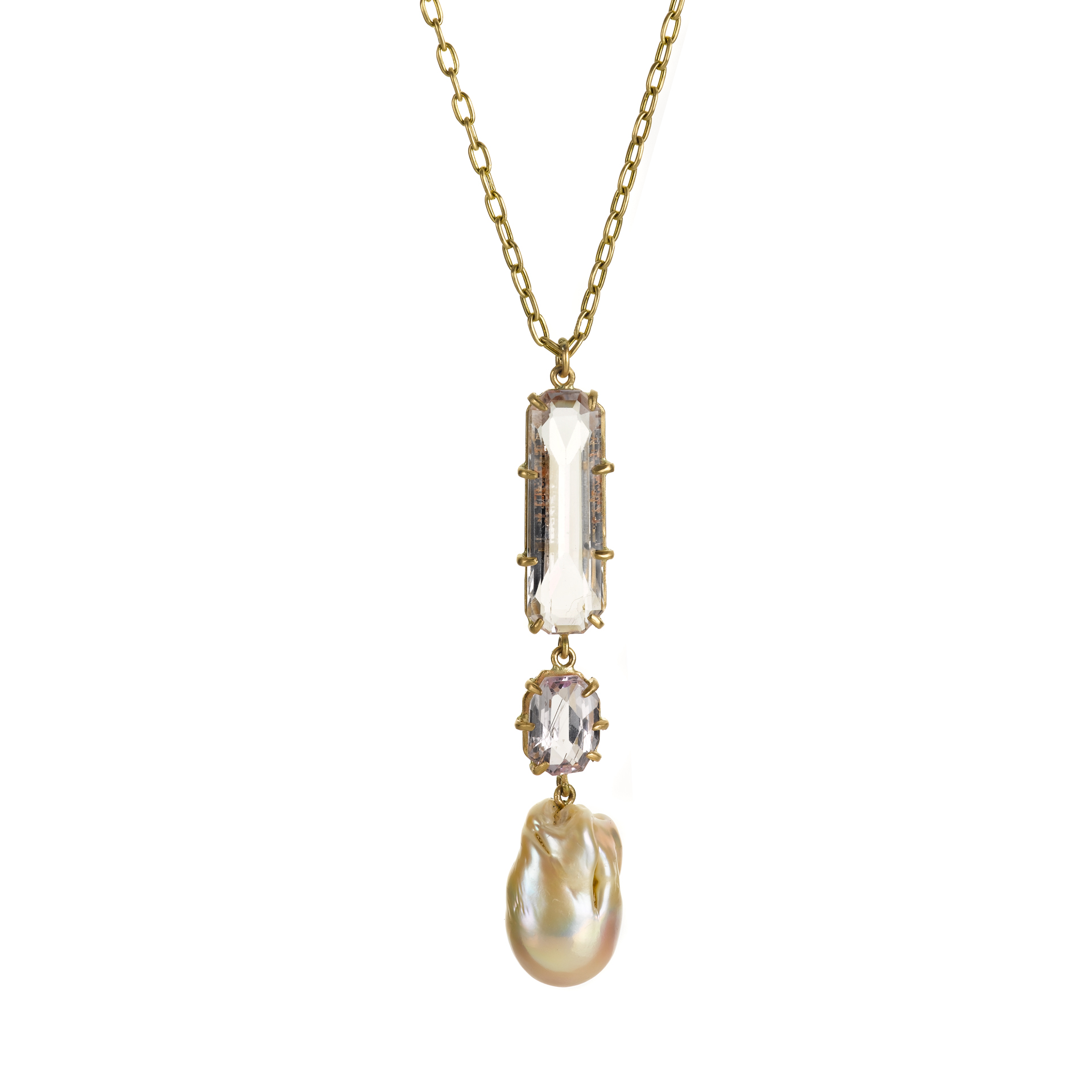  Pendant in 18k gold with a 27.09 ct. kunzite and baroque freshwater pearl,&nbsp;$7,920. 