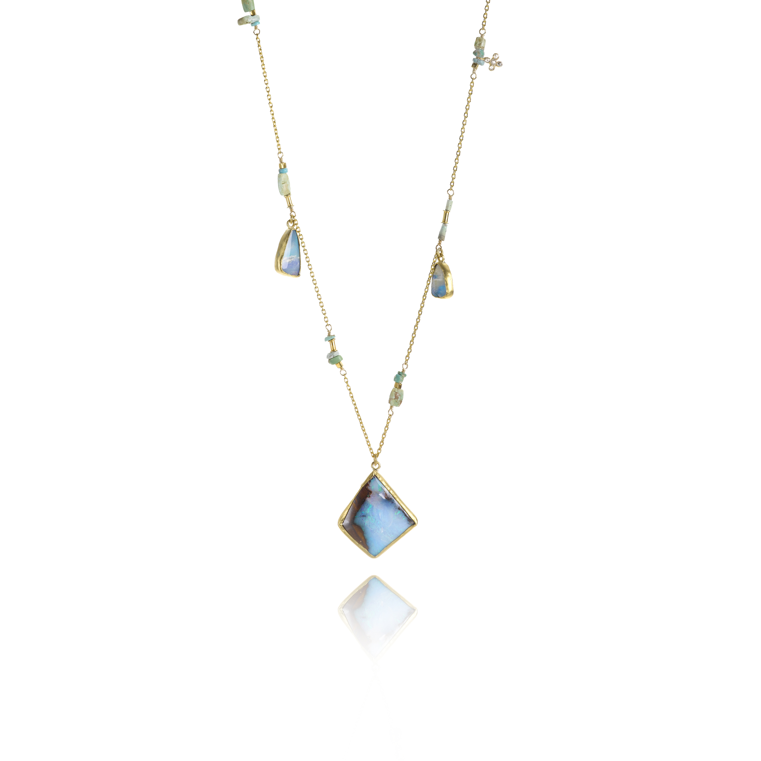  22k necklace with Boulder opal, turquoise and diamond,&nbsp;$6,580. 