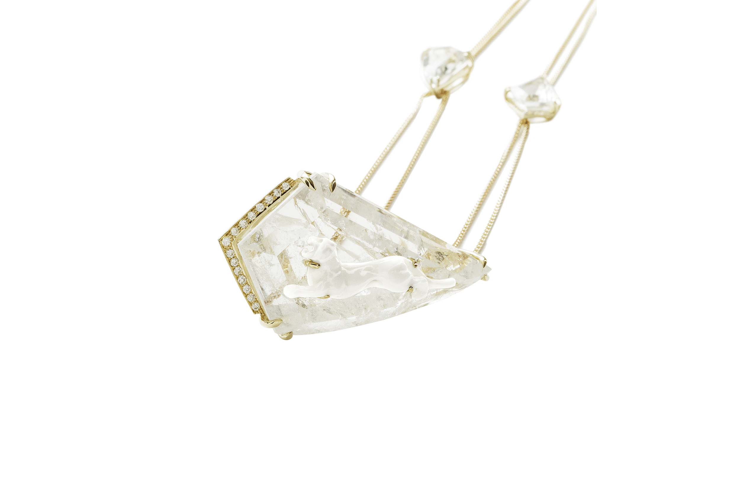 Jordan Askill hand carved cocholong Panther neckpiece with bespoke faceted rock crystal and diamonds. 