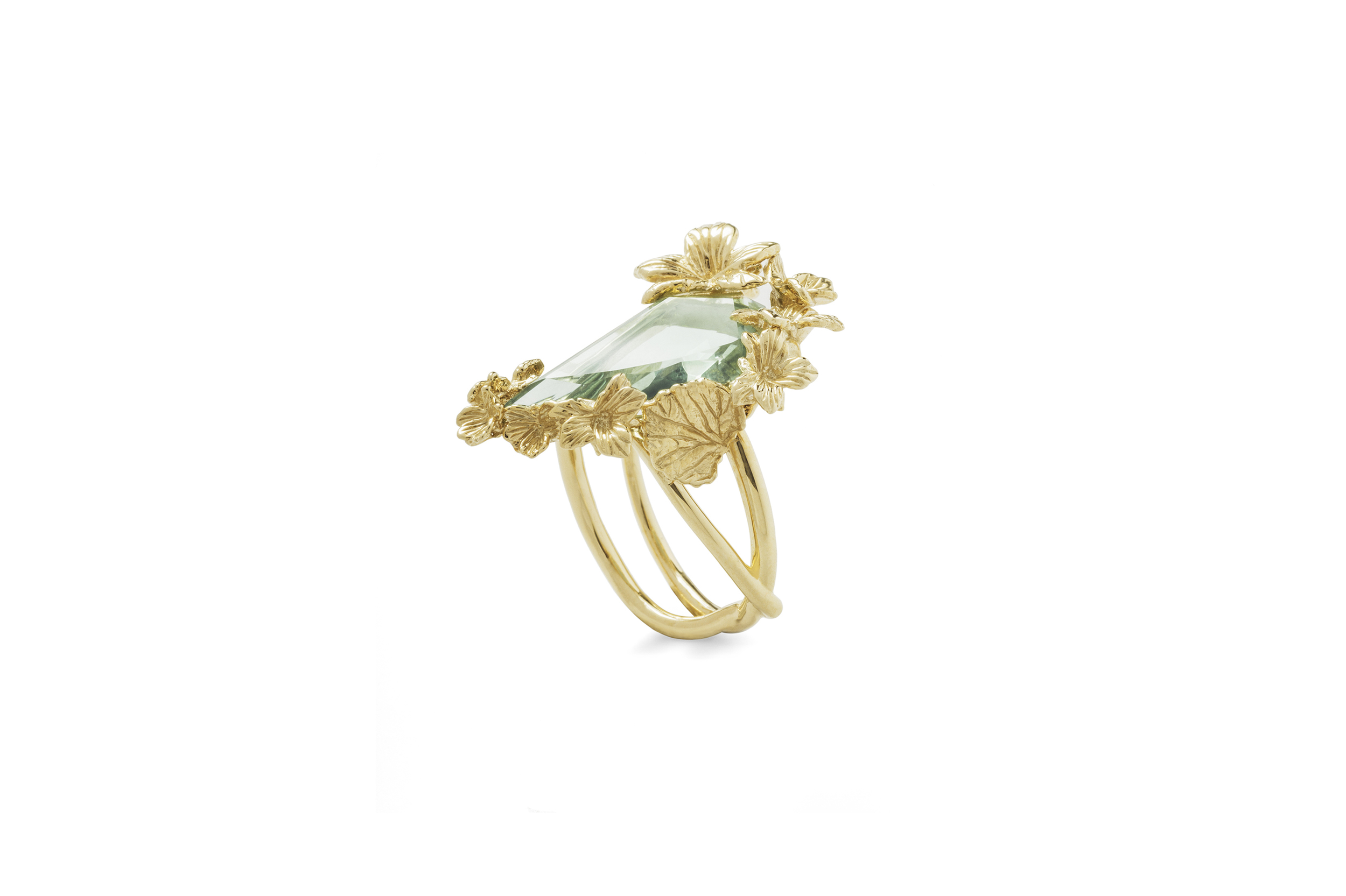  Side view of the  Jordan Askill  18k yellow gold Viola Canadensis twisted shank ring with bespoke faceted green amethyst.&nbsp; 
