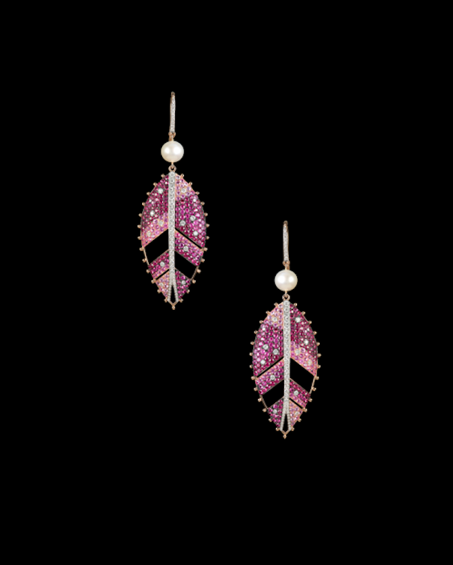  Glitterbomb leaf earrings in rubies and diamonds with a pearl accent.&nbsp; 